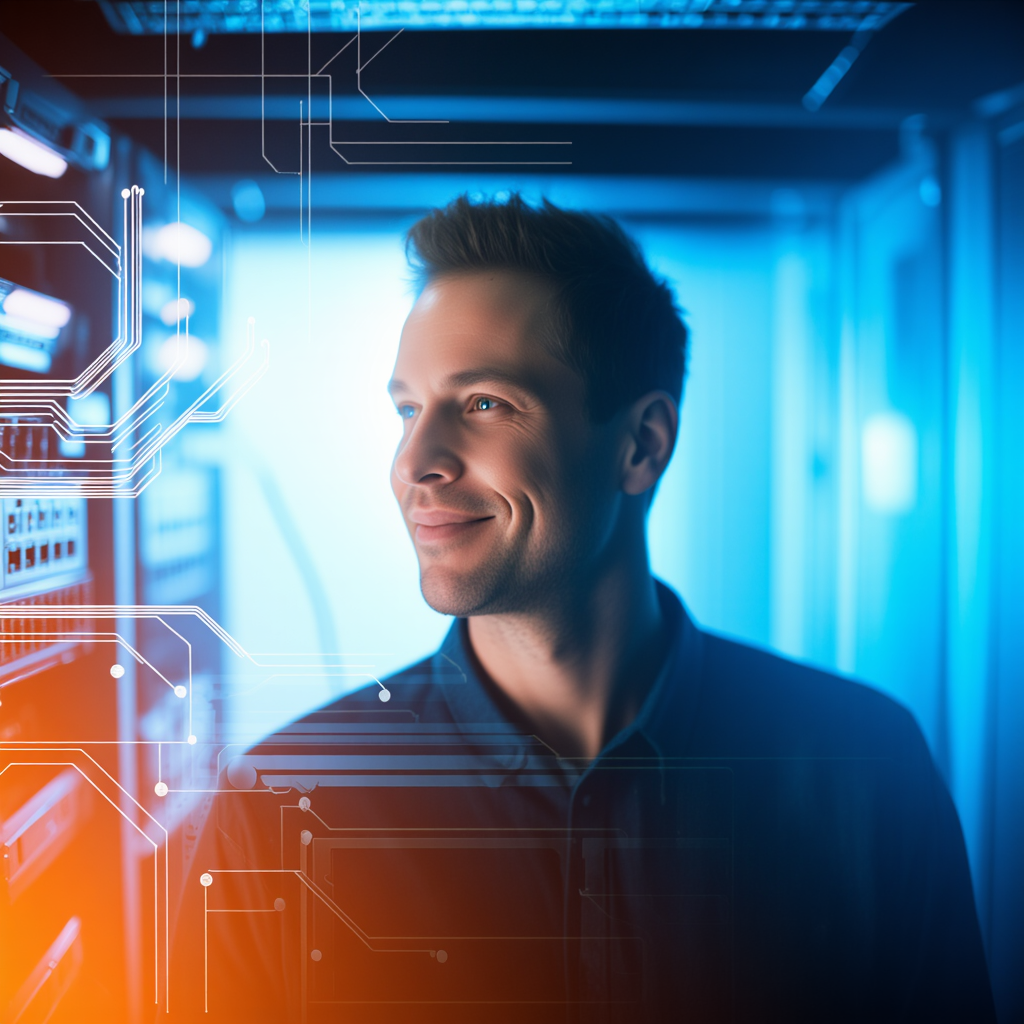 Homme souriant devant un matériel de télécommunication, avec des lumières orange et jaune sur un fond turquoise, style artistique et légèrement flou.