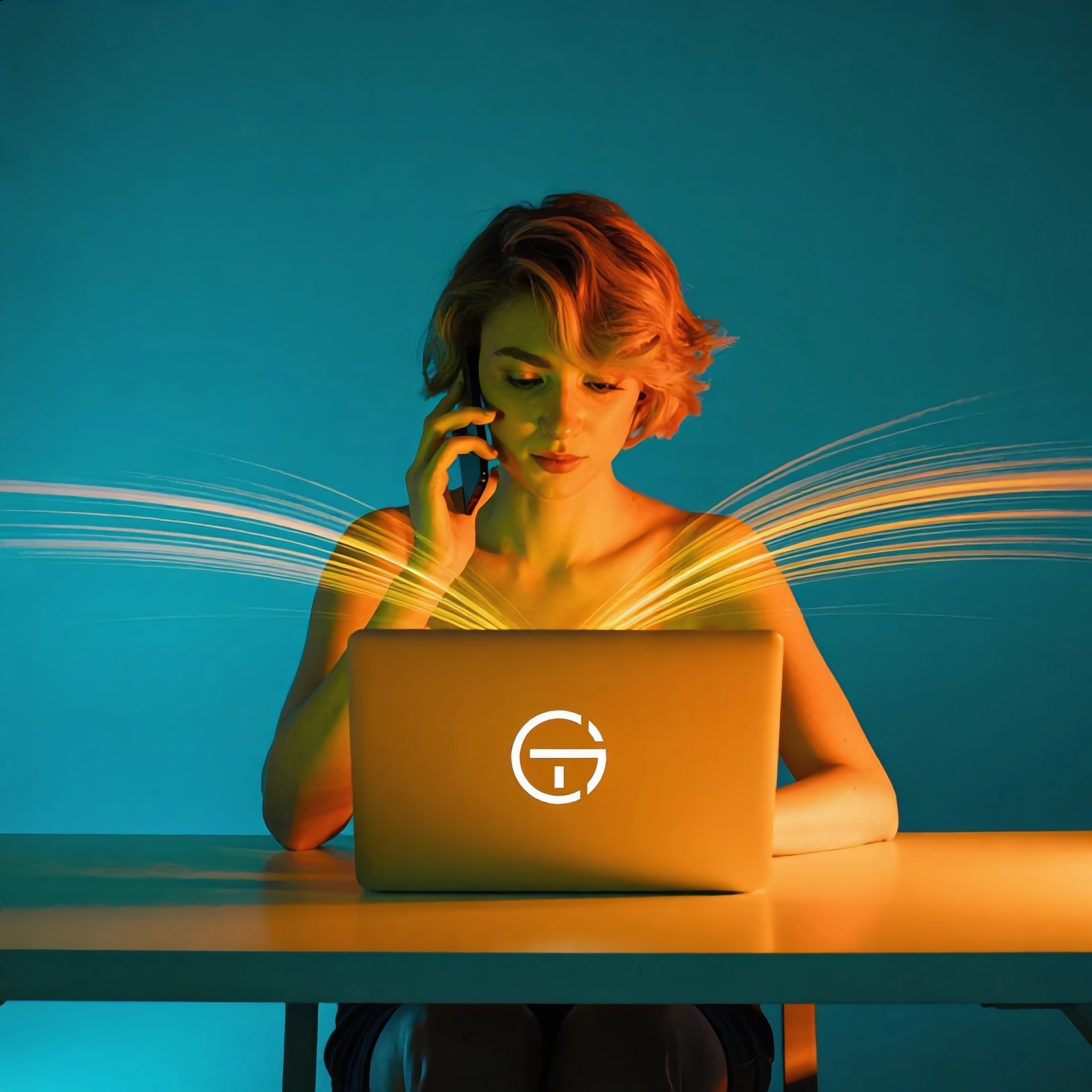 Femme assise dans son bureau, utilisant un ordinateur portable et un smartphone, avec des lumières orange et jaune sur un fond turquoise, style artistique et légèrement flou.