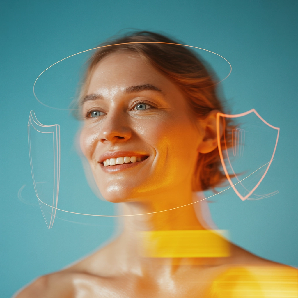 Client rassuré et protégé grâce à une solution de cybersécurité, avec une personne souriante sur fond turquoise et des lumières orange et jaune, style artistique et légèrement flou.