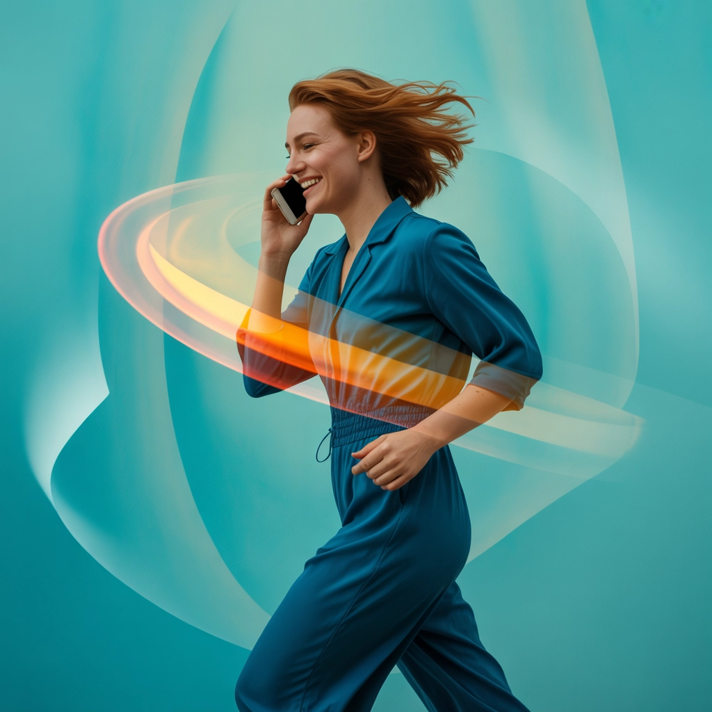 Femme en mouvement, parlant au téléphone, avec un fond turquoise et des lumières orange et jaune, style artistique et légèrement flou.